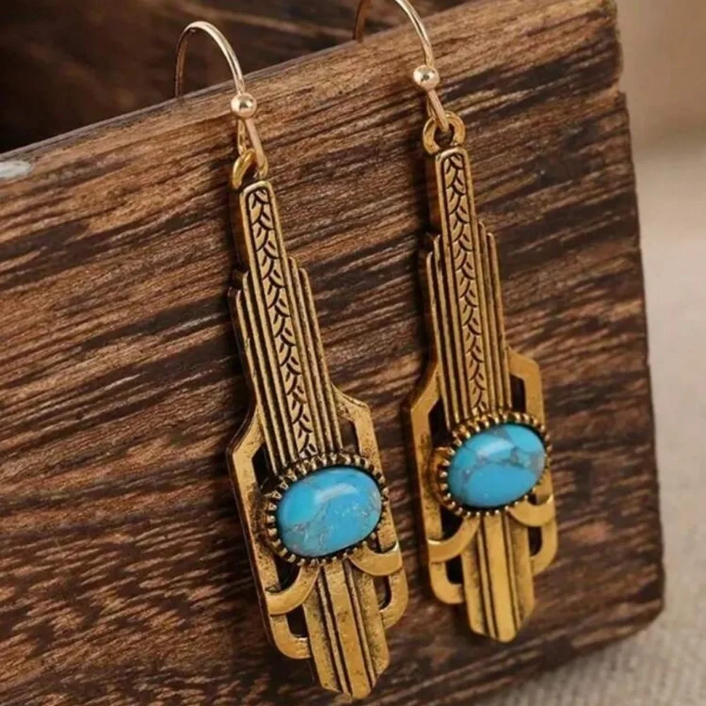 2/$30🌵 Gold Turquoise Stone Art Deco Earrings Vintage Style Gatsby Jewelry NEW
